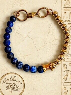 Natural Dark Blue Lapis Lazuli  & Gold Balls In Half And Half Beaded Bra…